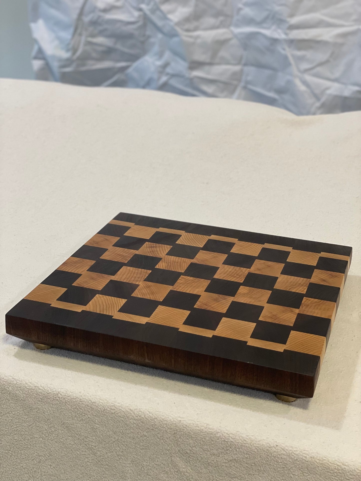Walnut and ash geometric end grain cutting board